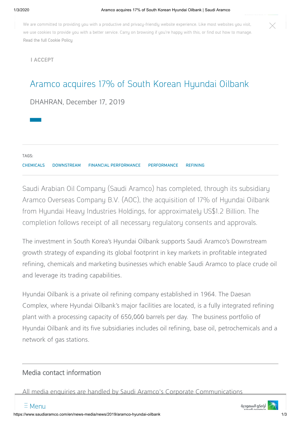 Aramco Acquires 17% of South Korean Hyundai Oilbank | Saudi Aramco