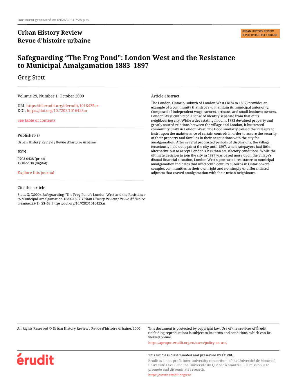 London West and the Resistance to Municipal Amalgamation 1883–1897 Greg Stott