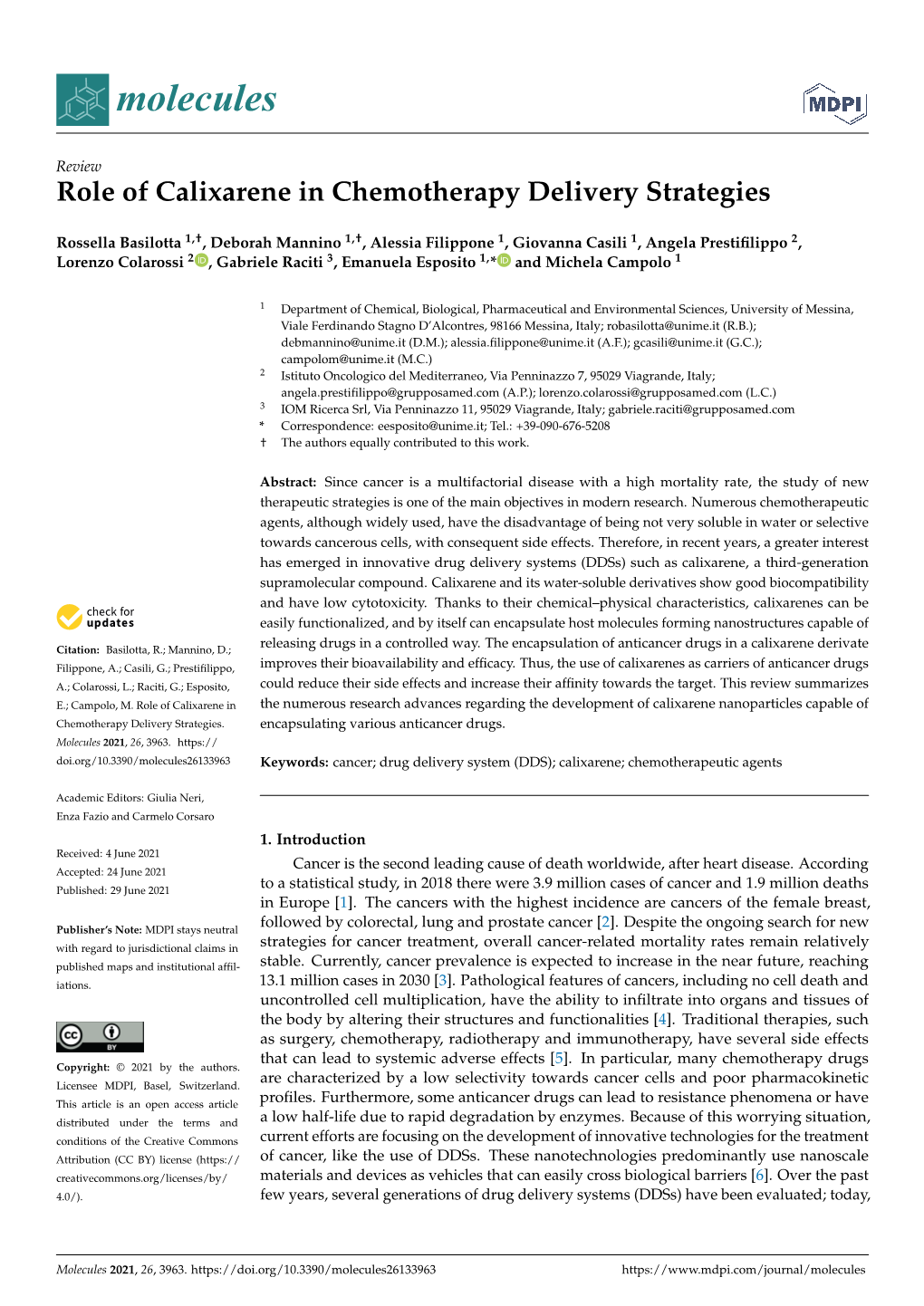 Role of Calixarene in Chemotherapy Delivery Strategies