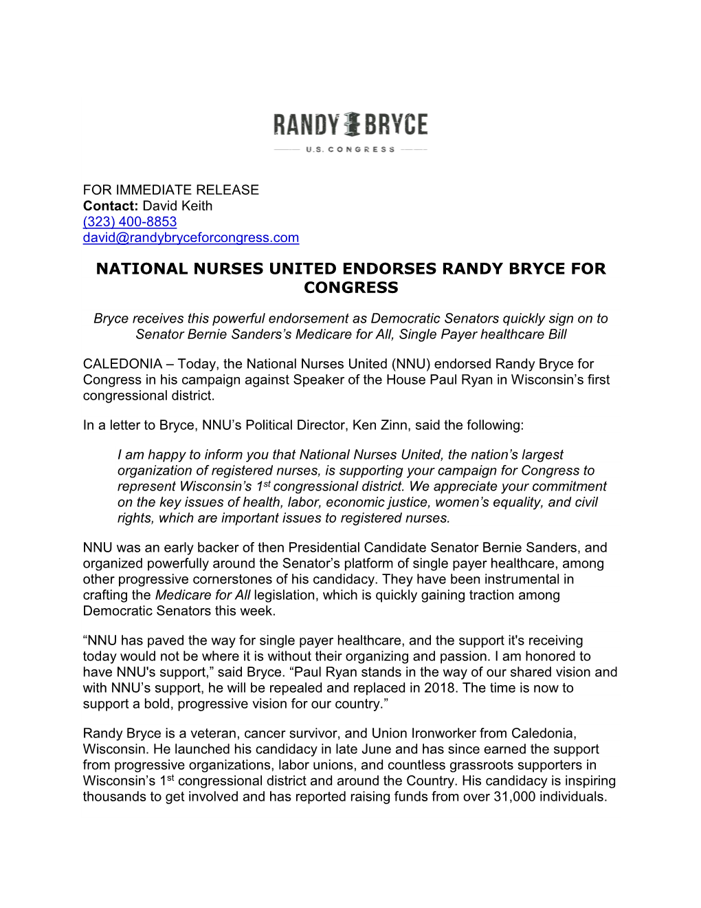 National Nurses United Endorses Randy Bryce for Congress