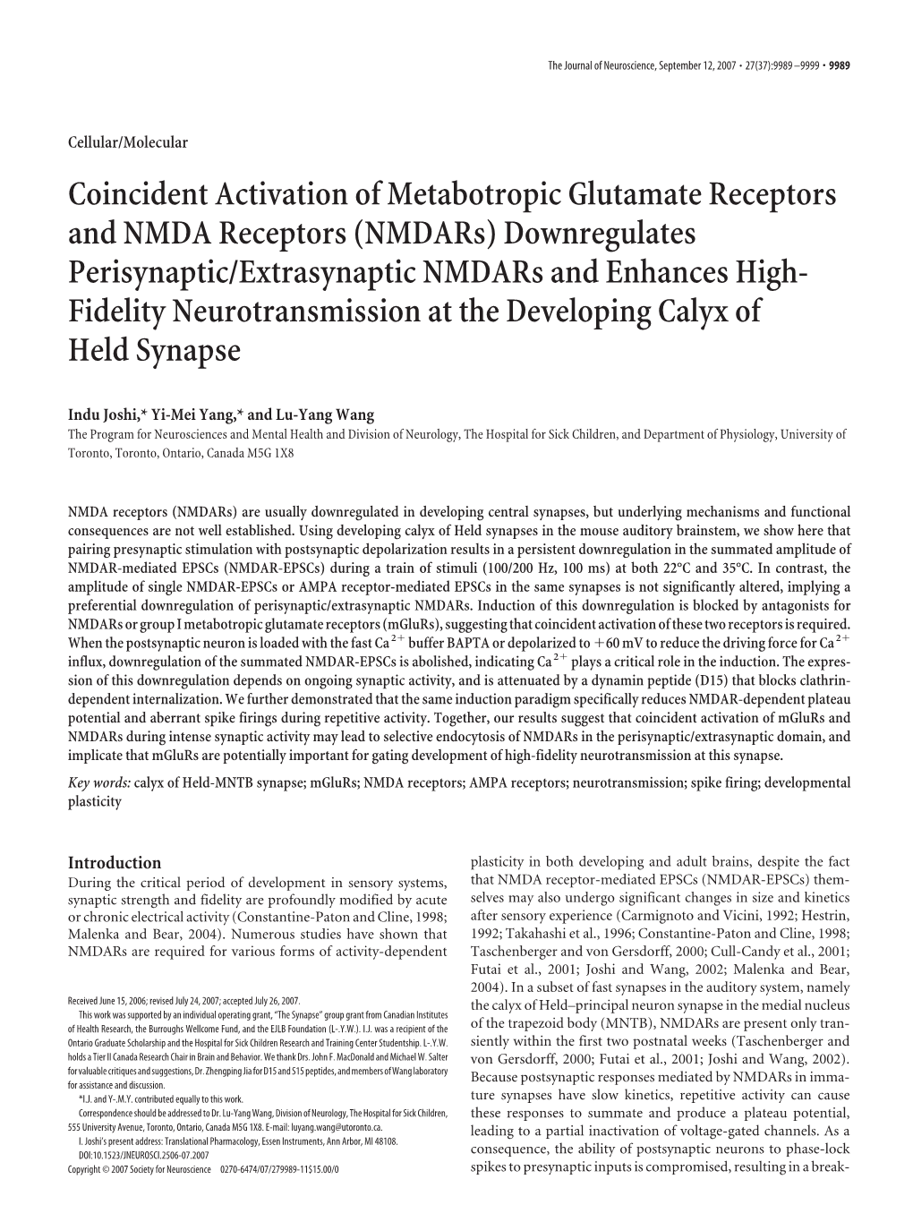 (Nmdars) Downregulates Perisynaptic/Extrasynaptic Nmdars and Enhances High- Fidelity Neurotransmission at the Developing Calyx of Held Synapse