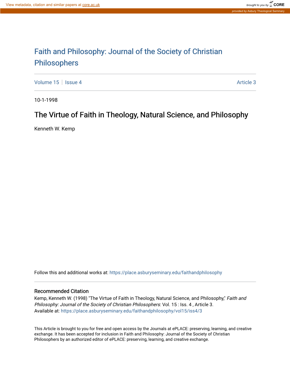 The Virtue of Faith in Theology, Natural Science, and Philosophy