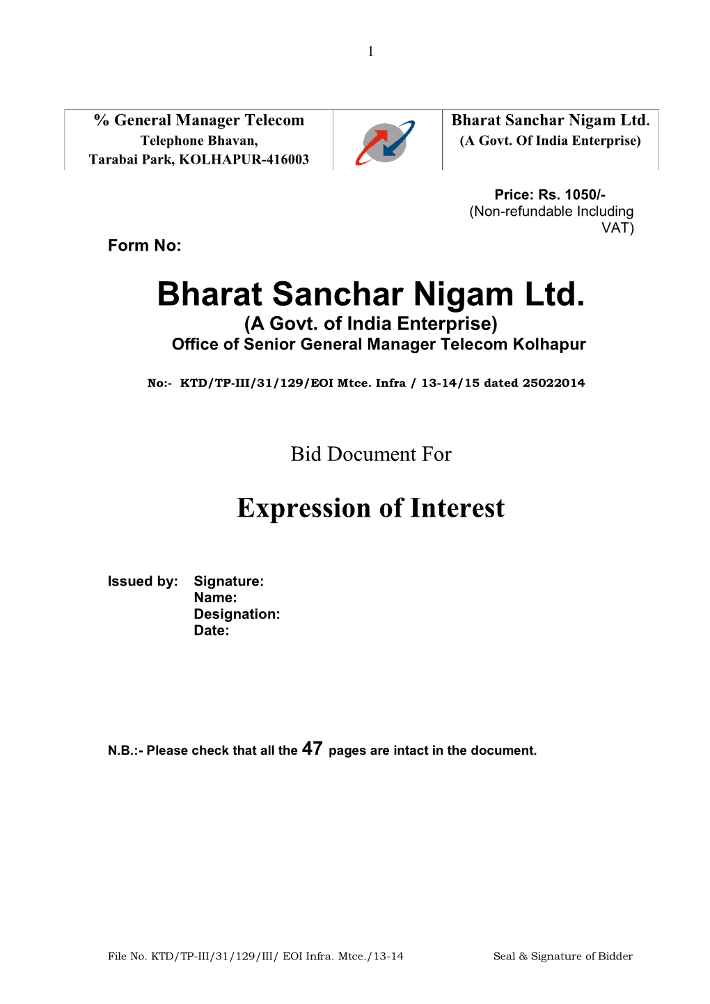 % General Manager Telecom Bharat Sanchar Nigam Ltd