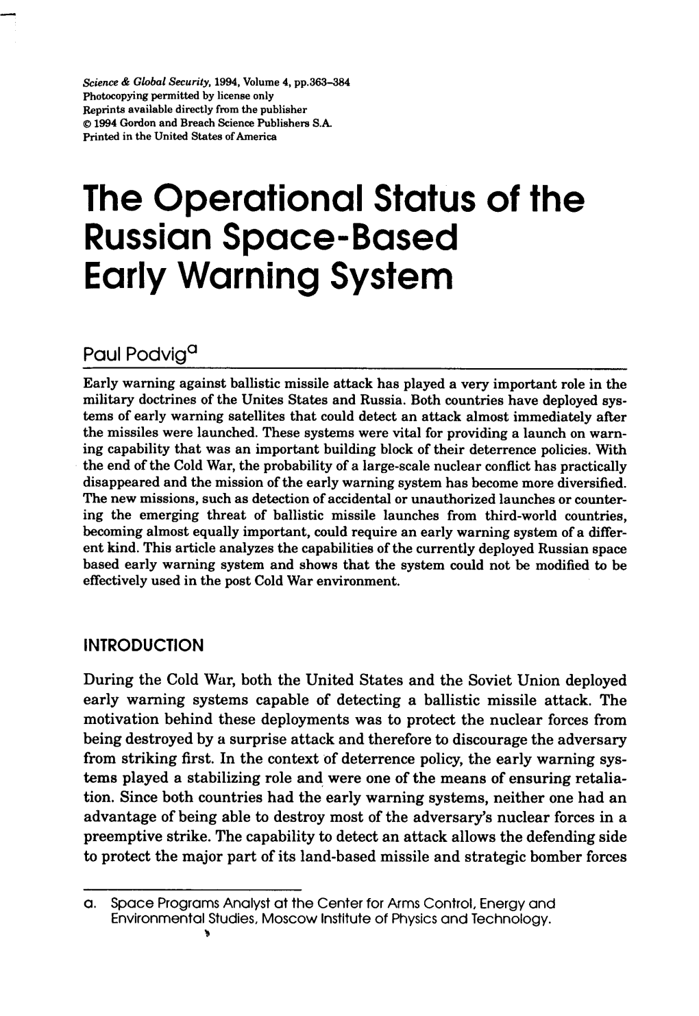 The Operational Status of the Russian Space-Based Early Warning System