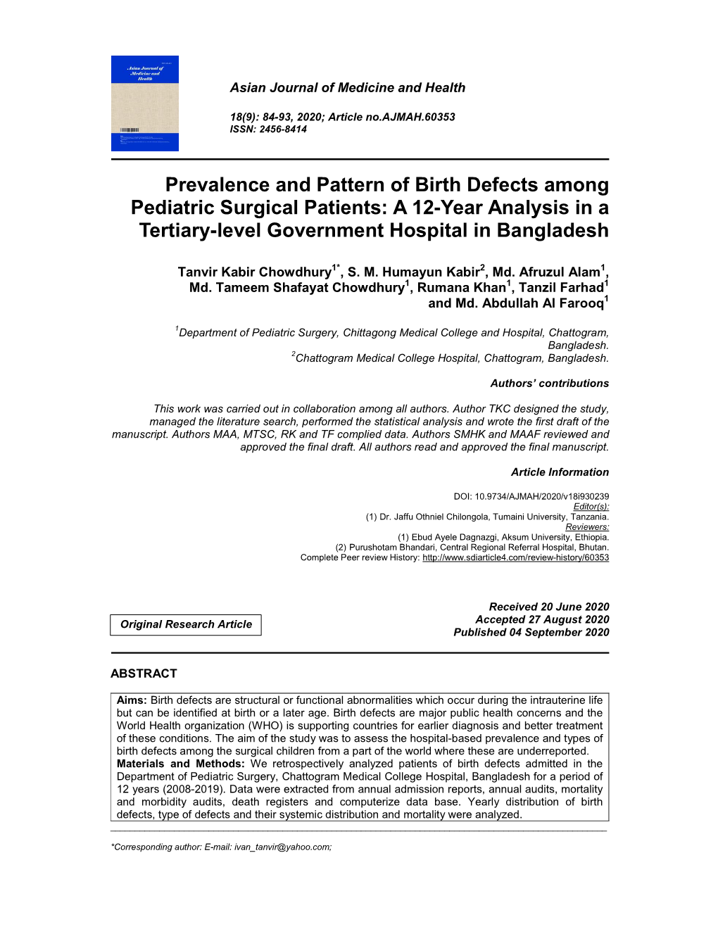 Prevalence and Pattern of Birth Defects Among Pediatric Surgical Patients: a 12-Year Analysis in a Tertiary-Level Government Hospital in Bangladesh