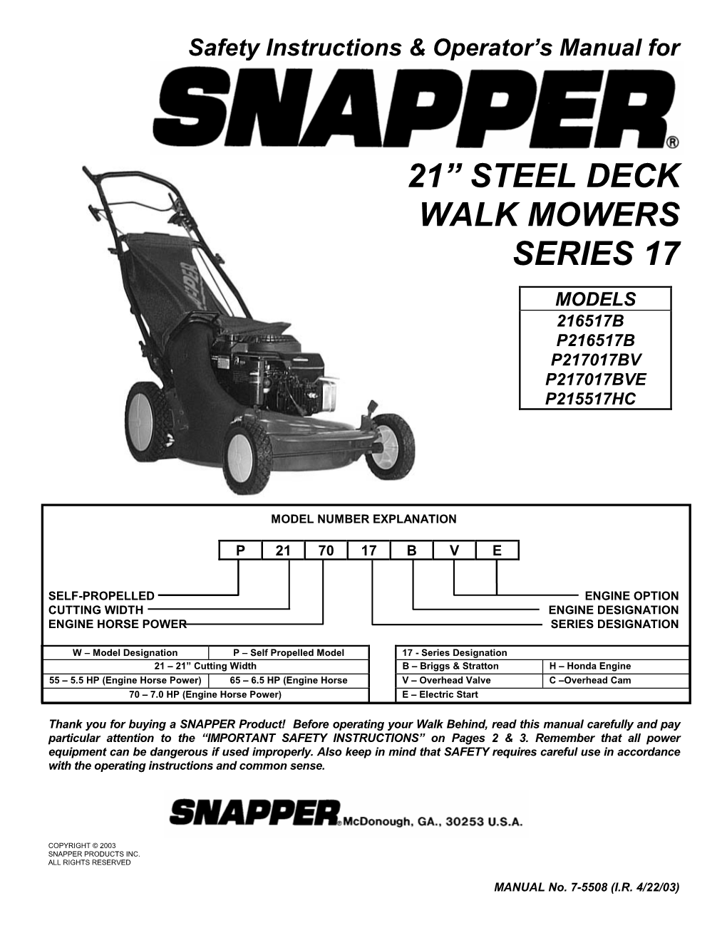 21” Steel Deck Walk Mowers Series 17