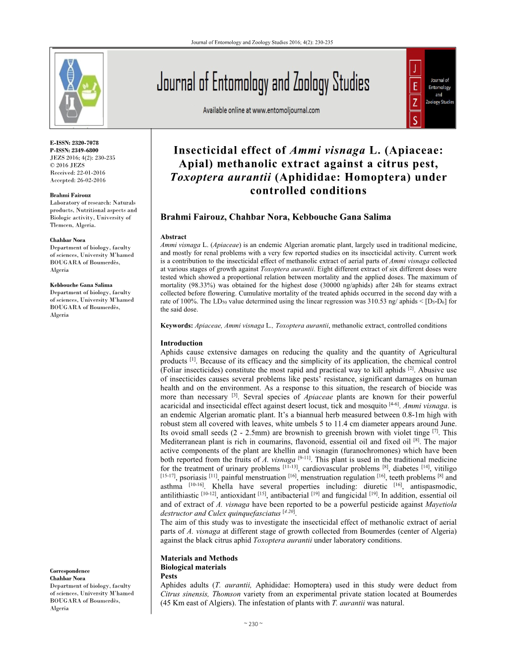 Insecticidal Effect of Ammi Visnaga L. (Apiaceae: Apial) Methanolic