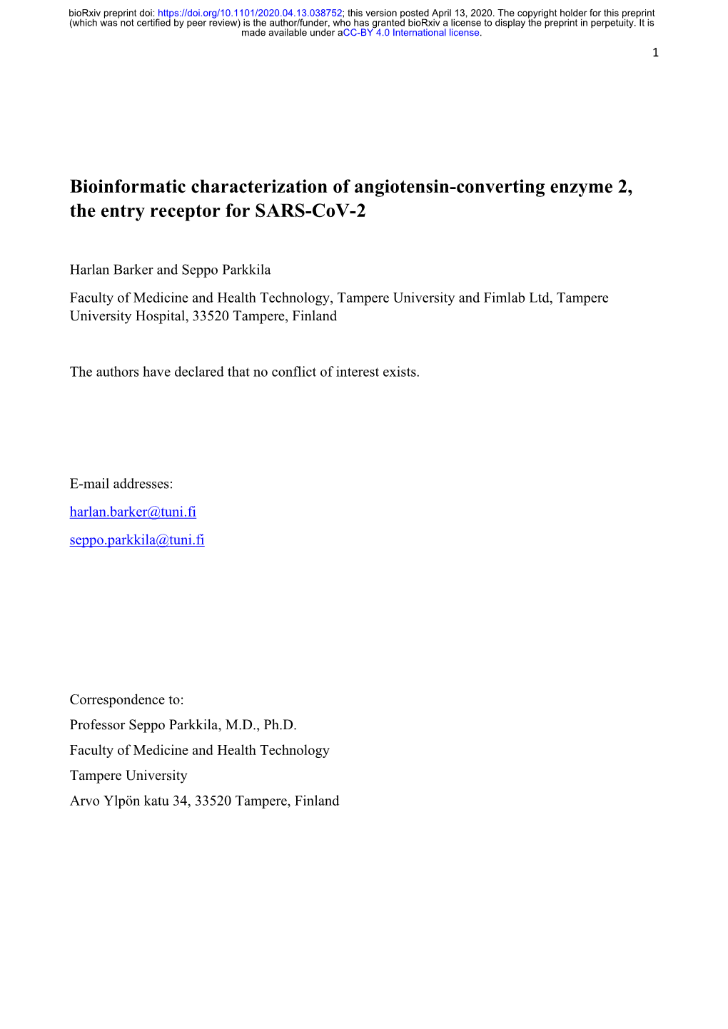 Bioinformatic Characterization of Angiotensin-Converting Enzyme 2, the Entry Receptor for SARS-Cov-2