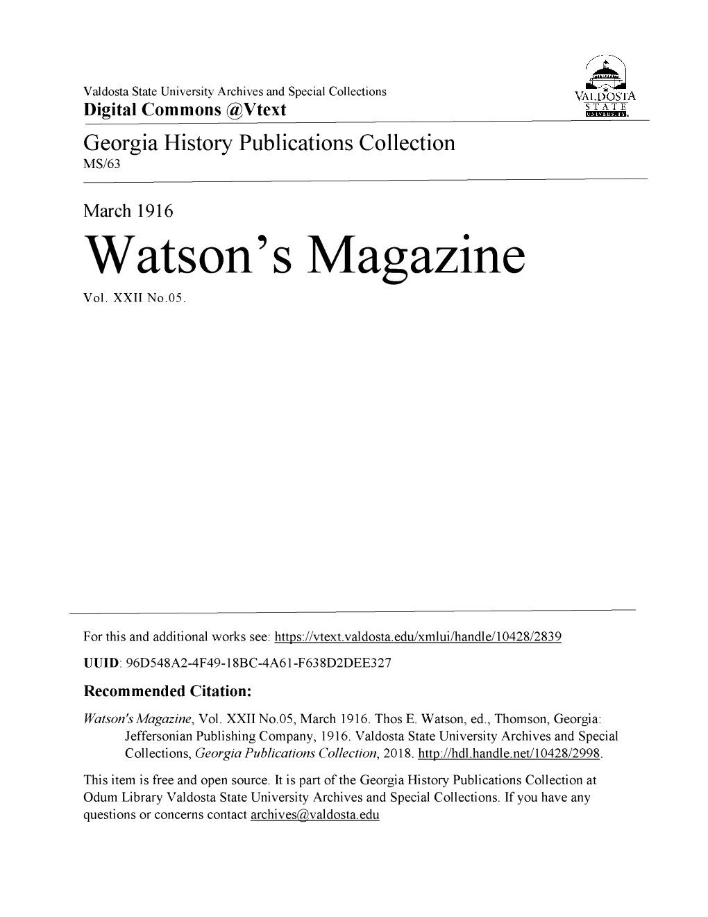 Watson's Magazine, Vol.XXII No.05, March 1916