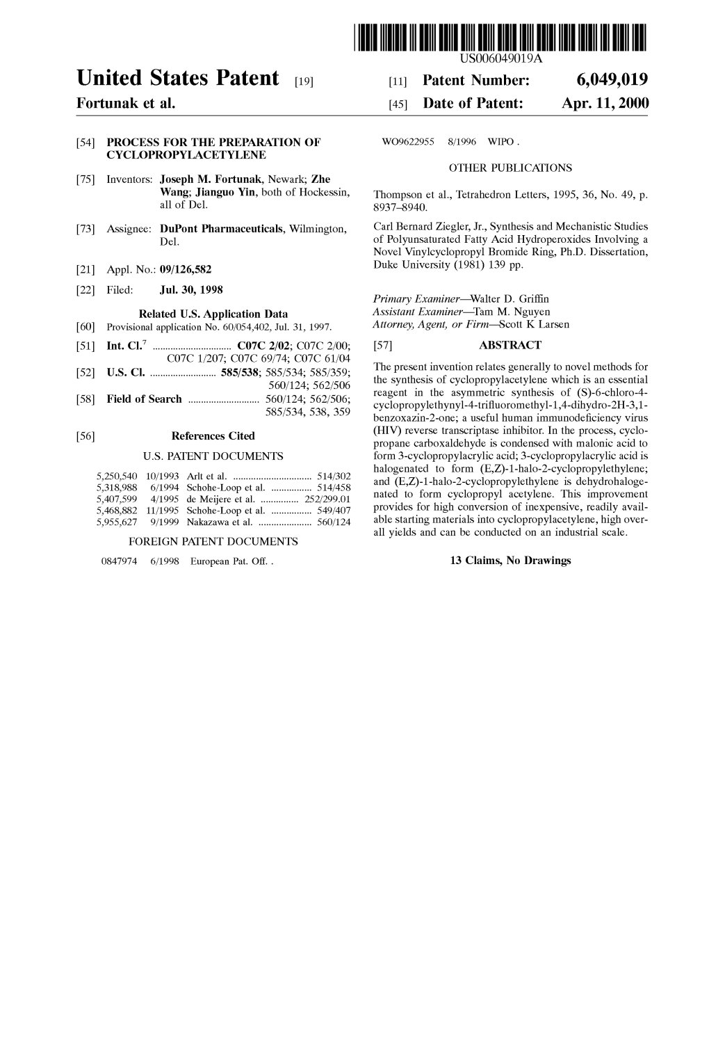 United States Patent (19) 11 Patent Number: 6,049,019 Fortunak Et Al