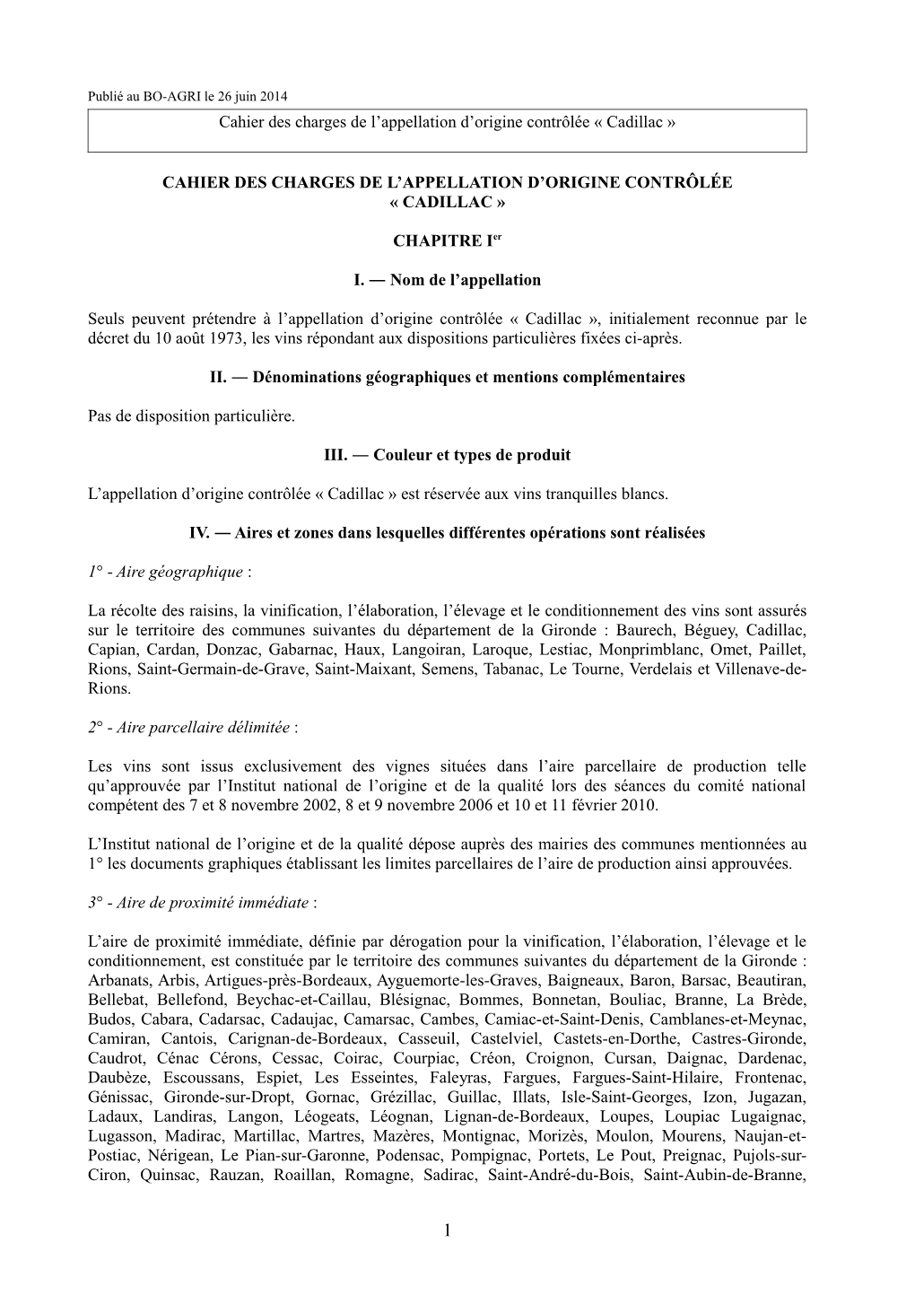 Cahier Des Charges De L'appellation D'origine Contrôlée Cadillac