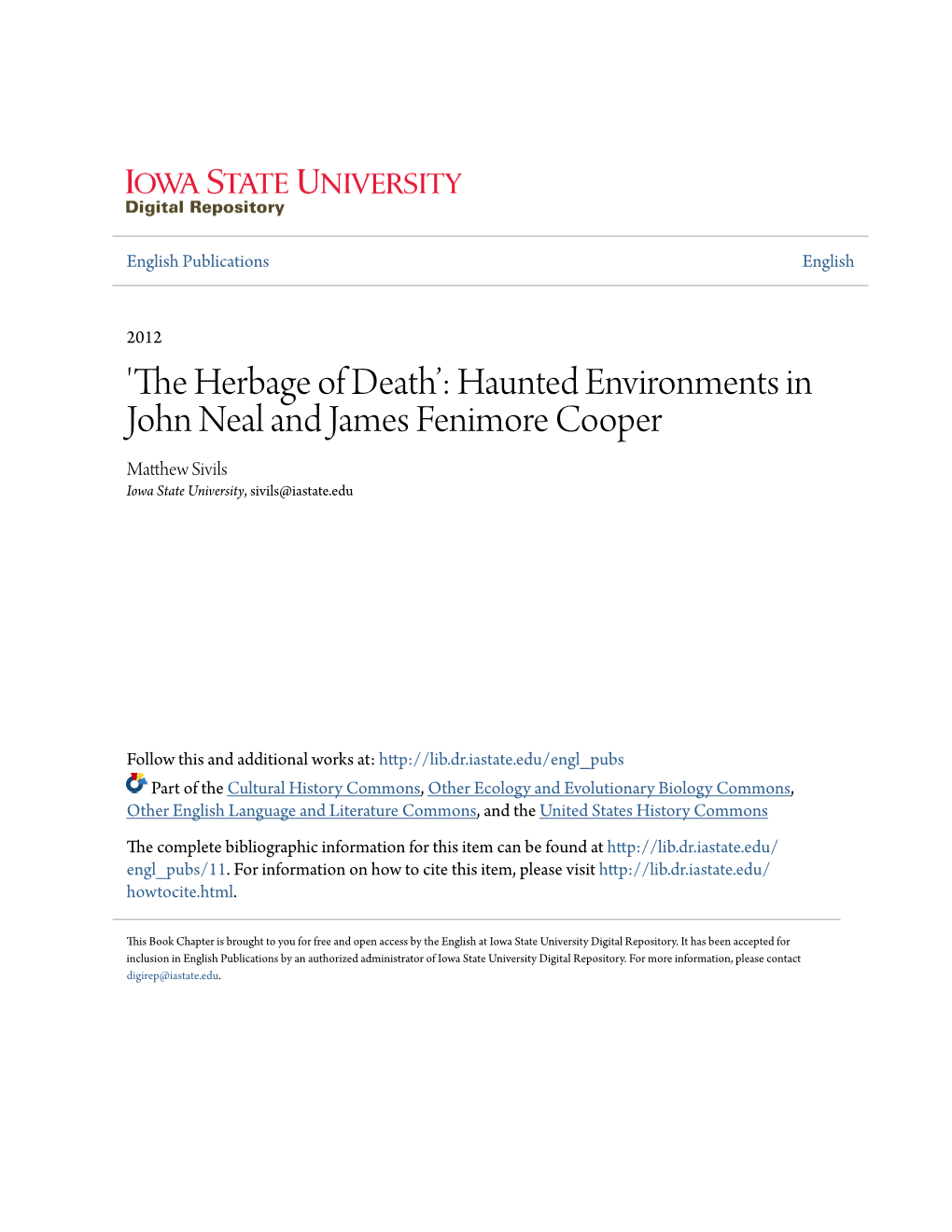 Haunted Environments in John Neal and James Fenimore Cooper Matthew Is Vils Iowa State University, Sivils@Iastate.Edu