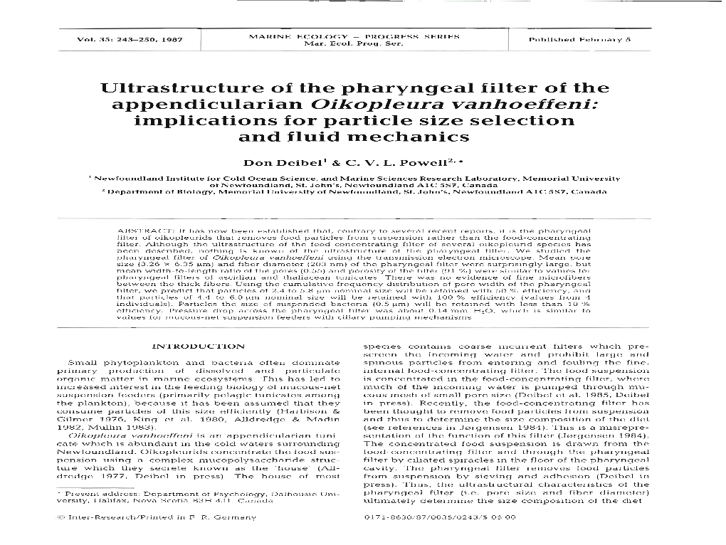 Appendicularian Oikopleura Vanhoeffeni: Implications for Particle Size Selection and Fluid Mechanics