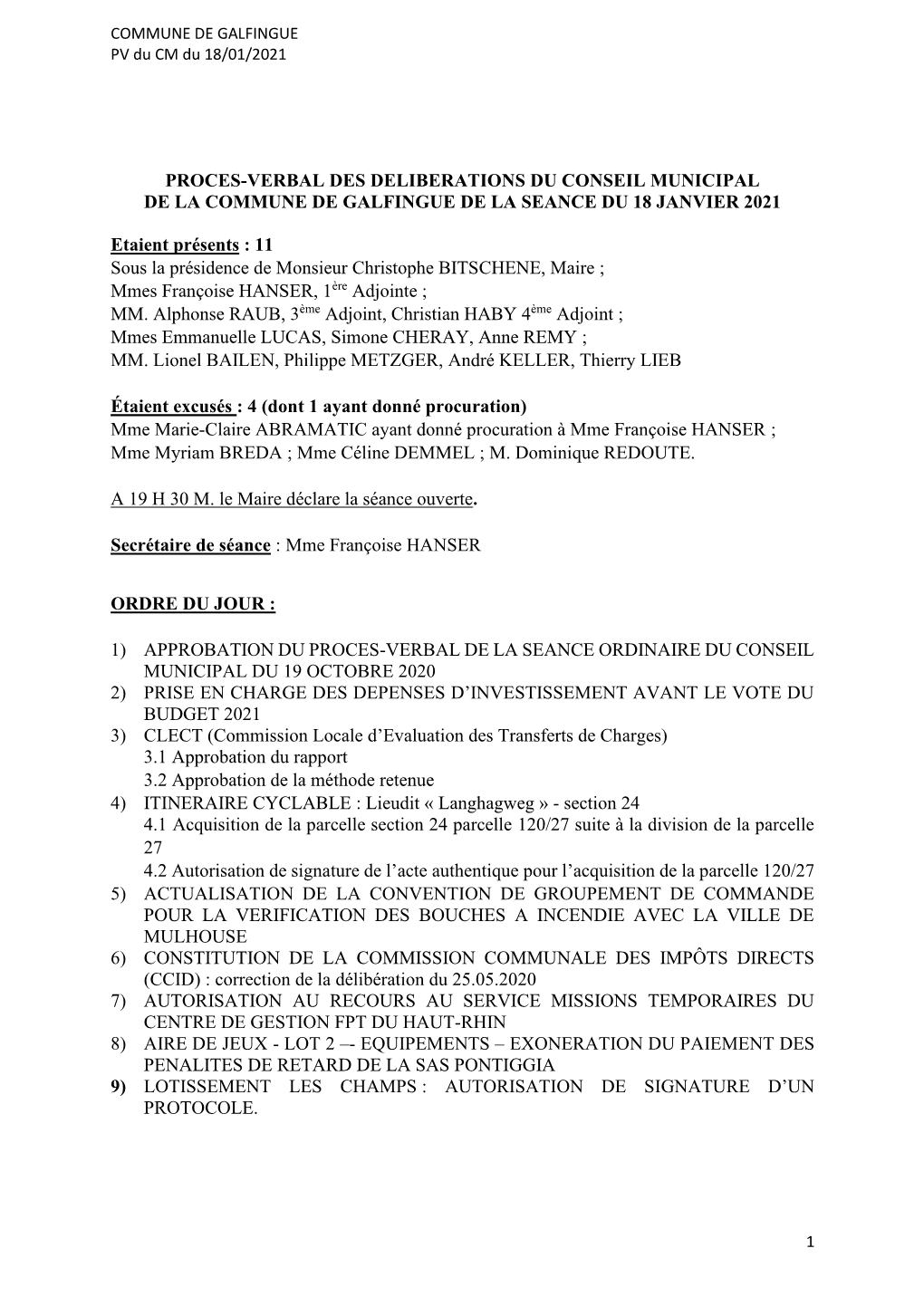 Proces-Verbal Des Deliberations Du Conseil Municipal De La Commune De Galfingue De La Seance Du 18 Janvier 2021