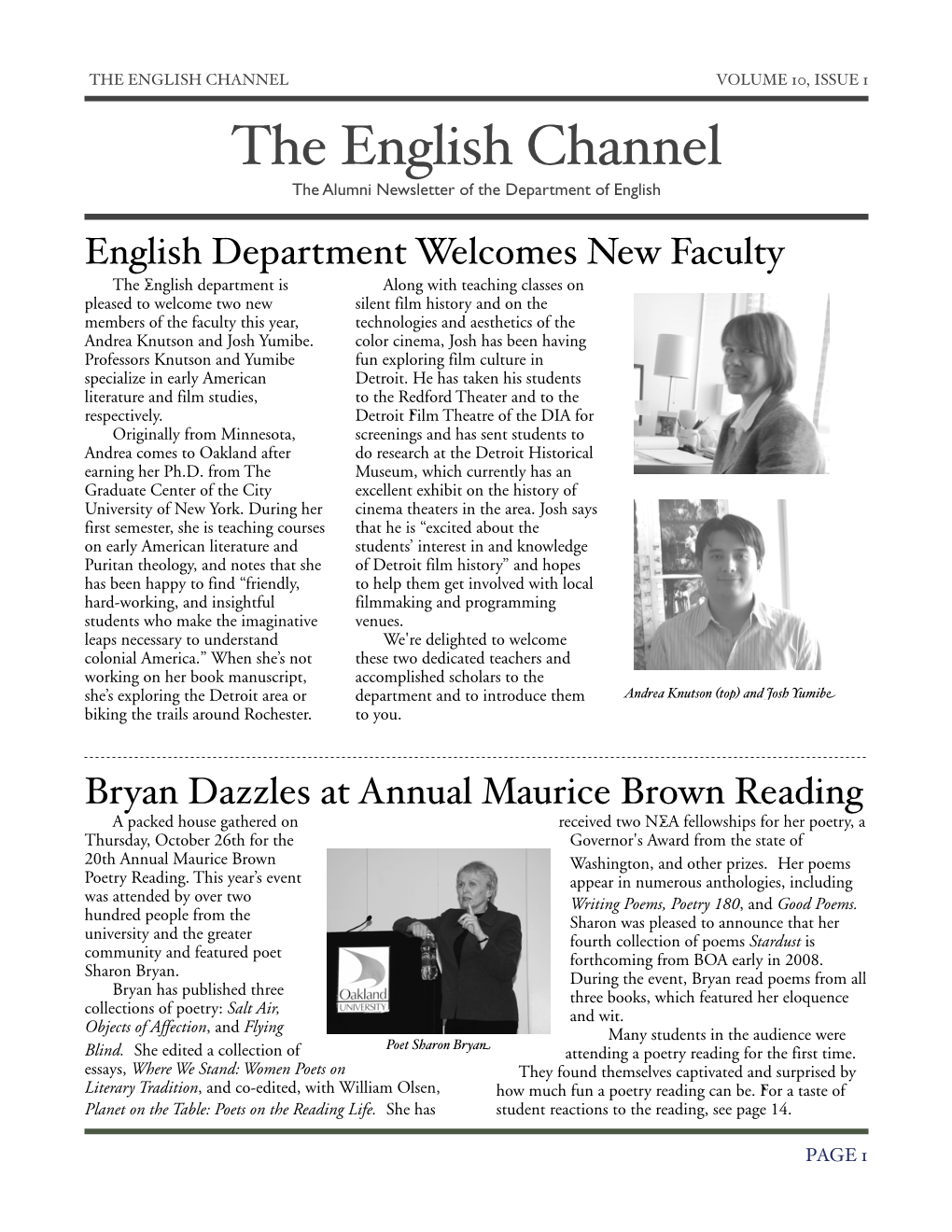 THE ENGLISH CHANNEL VOLUME 10, ISSUE 1 the English Channel the Alumni Newsletter of the Department of English