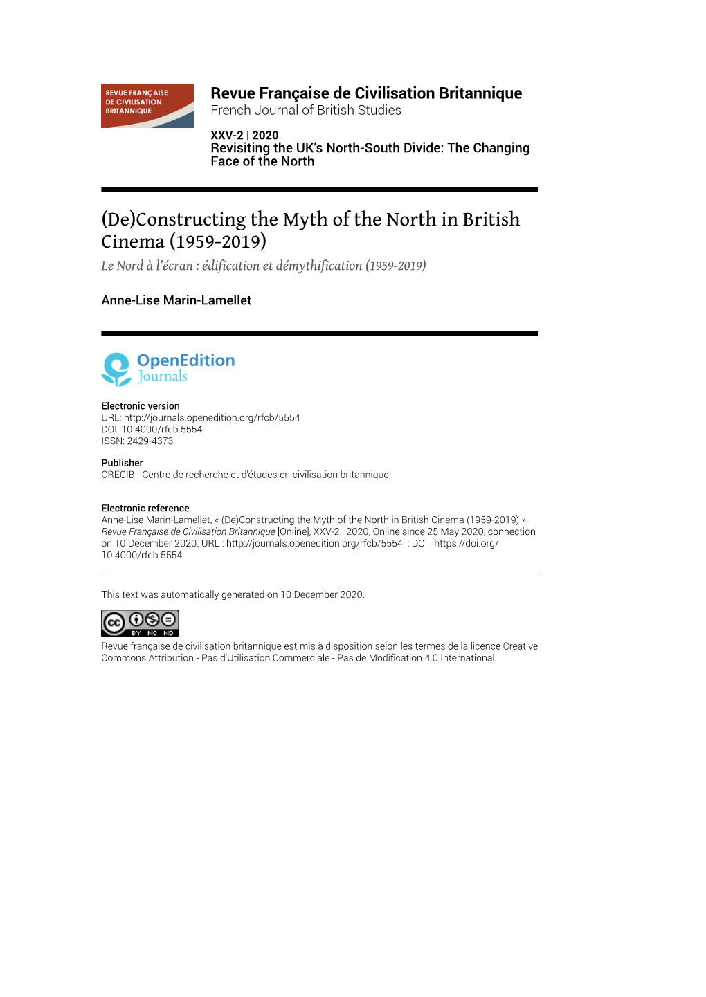 Revue Française De Civilisation Britannique, XXV-2 | 2020 (De)Constructing the Myth of the North in British Cinema (1959-2019) 2