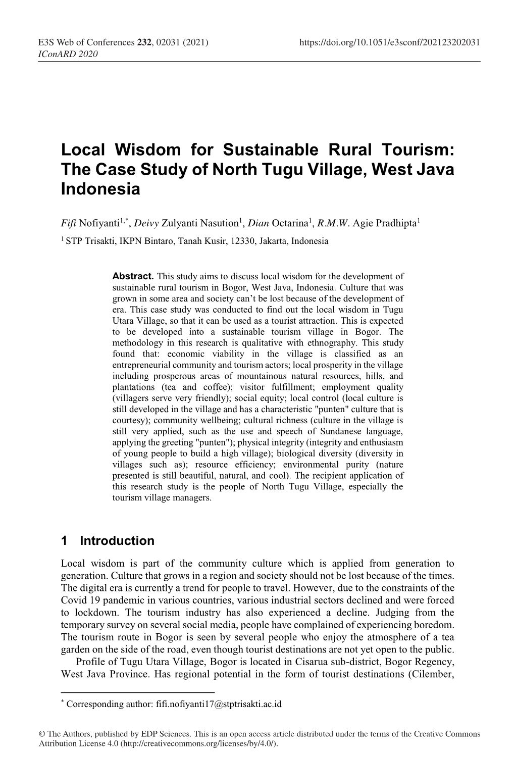 Local Wisdom for Sustainable Rural Tourism: the Case Study of North Tugu Village, West Java Indonesia