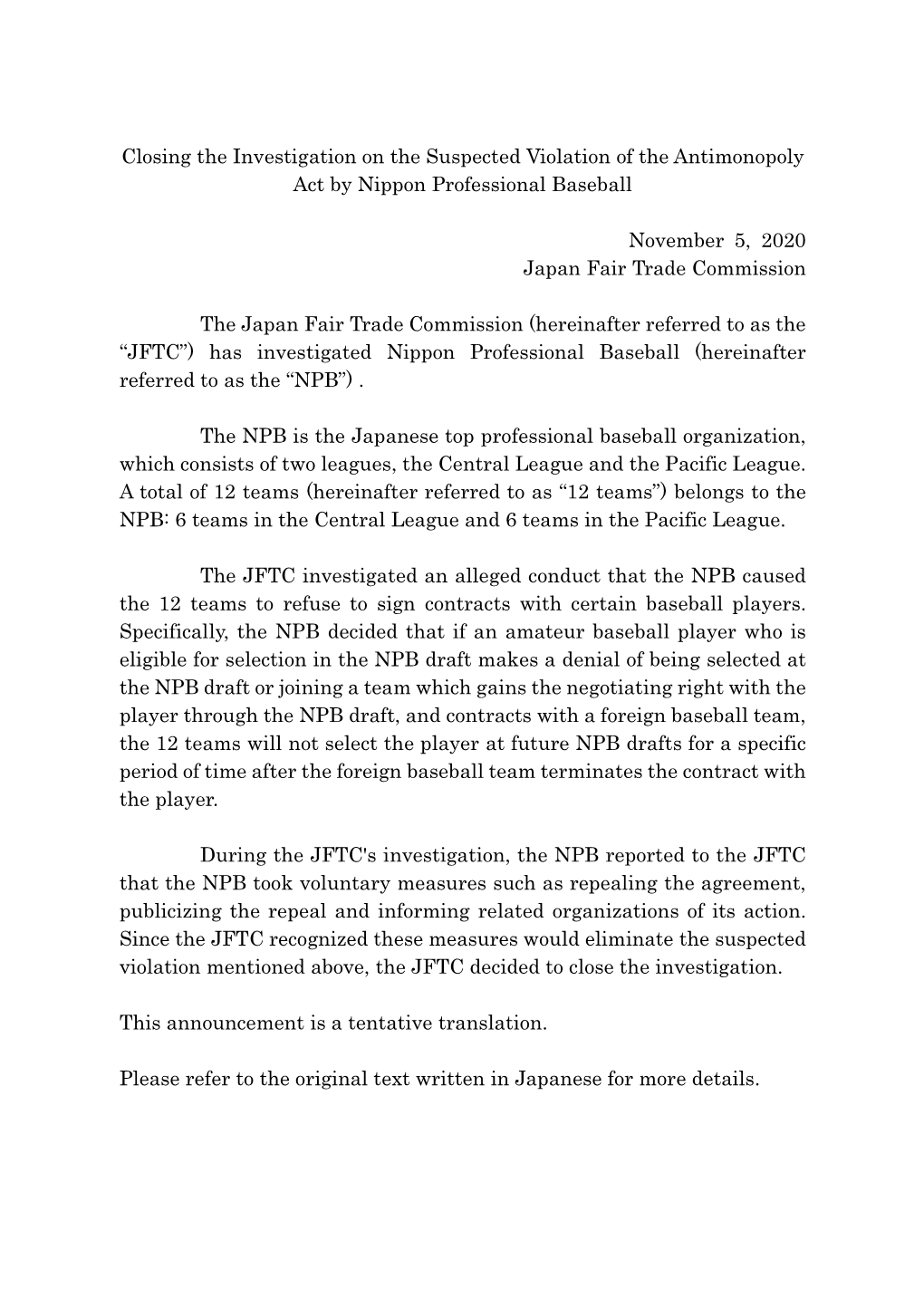Closing the Investigation on the Suspected Violation of the Antimonopoly Act by Nippon Professional Baseball