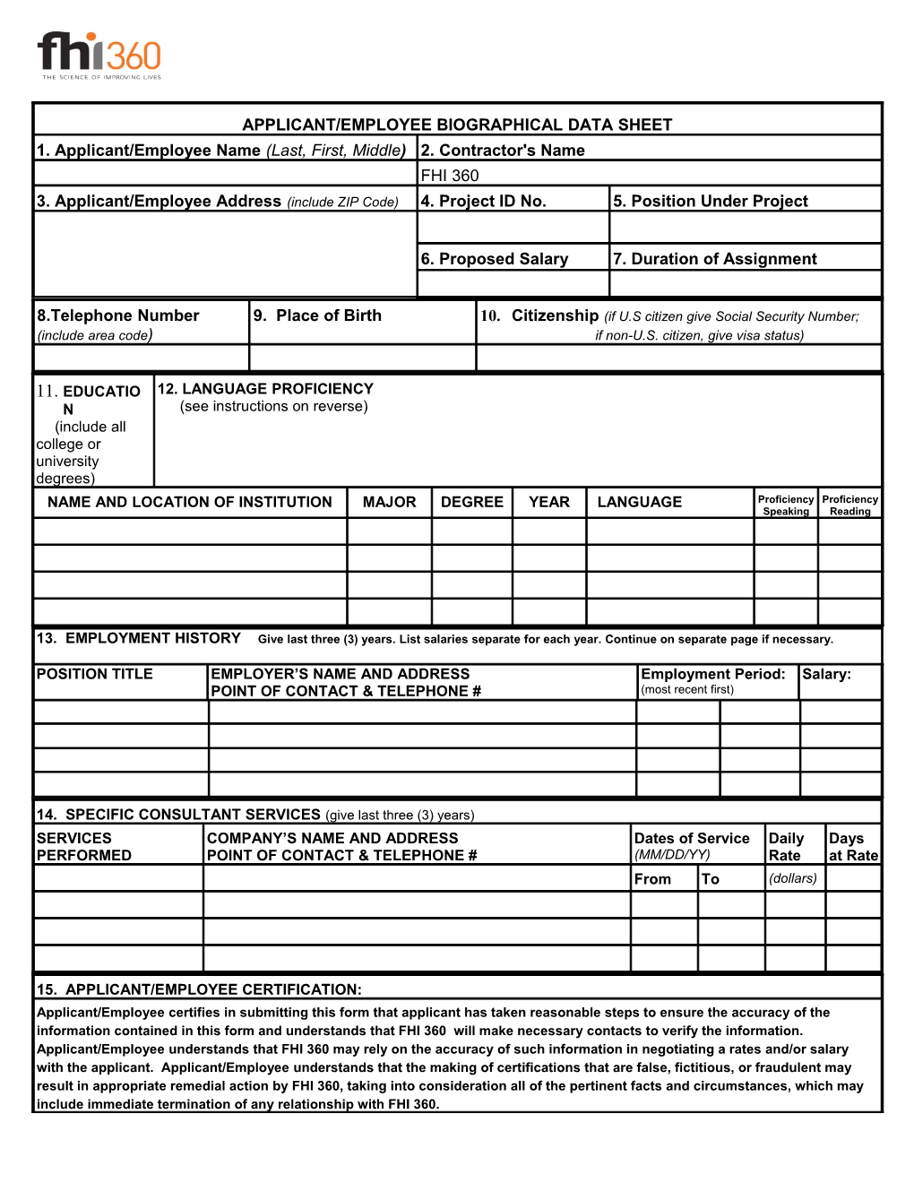 FHI 360 Biodata Form