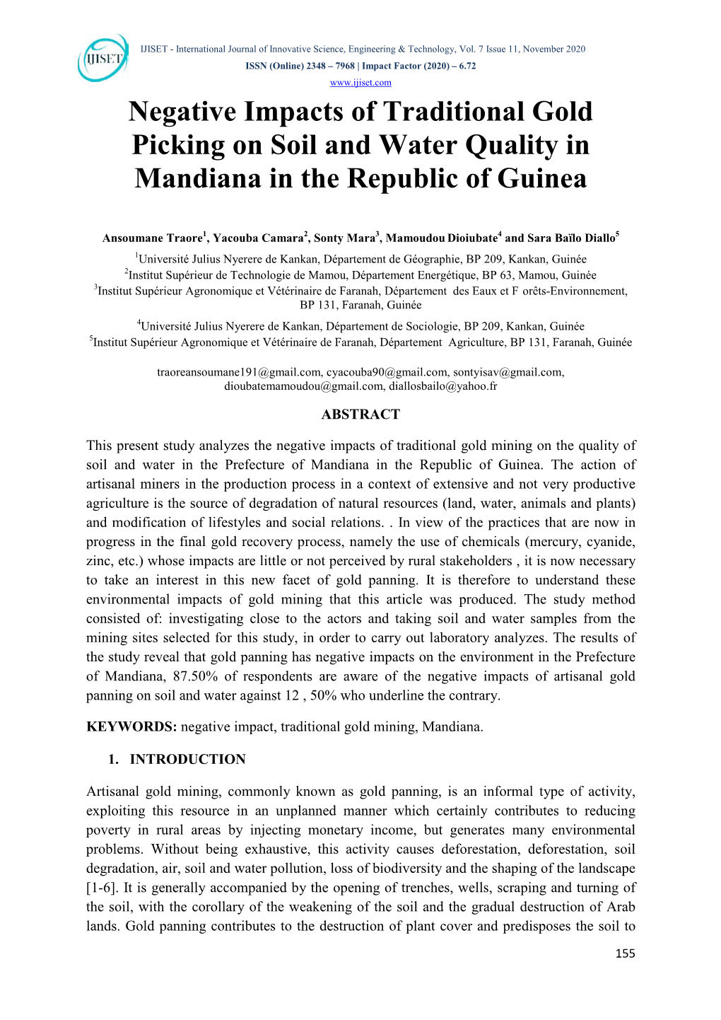 Negative Impacts of Traditional Gold Picking on Soil and Water Quality in Mandiana in the Republic of Guinea