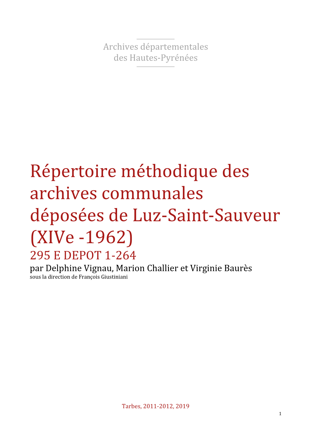 Répertoire Des Archives Déposées De Luz-Saint-Sauveur