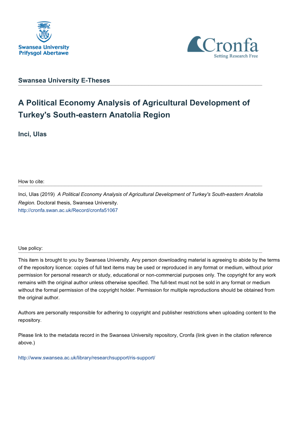 A Political Economy Analysis of Agricultural Development of Turkey's South-Eastern Anatolia Region