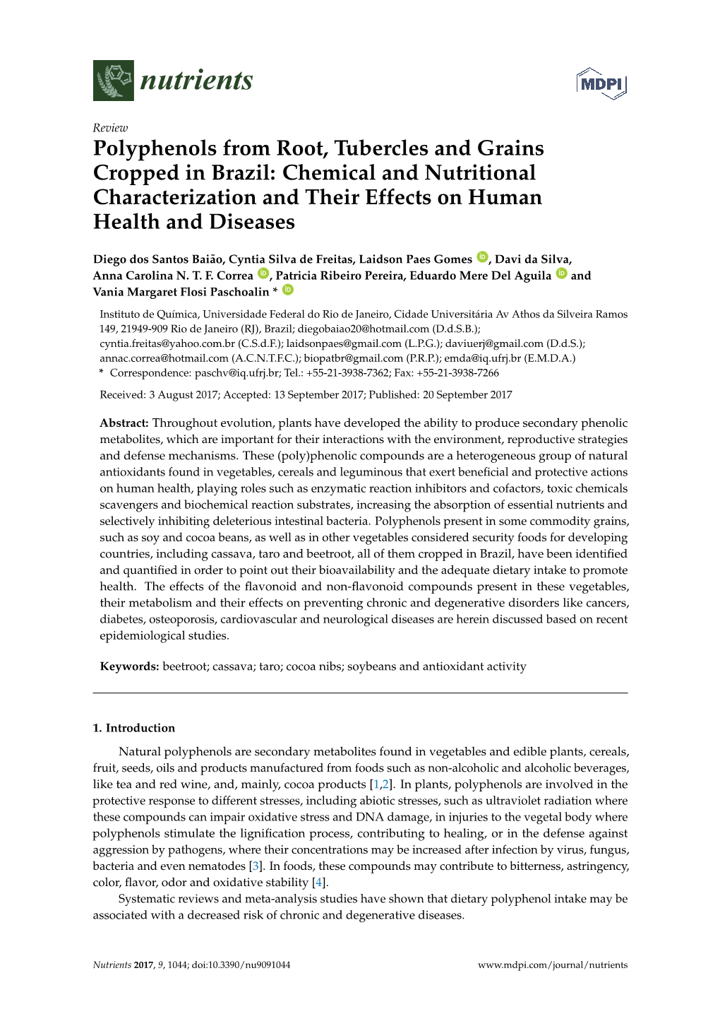 Chemical and Nutritional Characterization and Their Effects on Human Health and Diseases