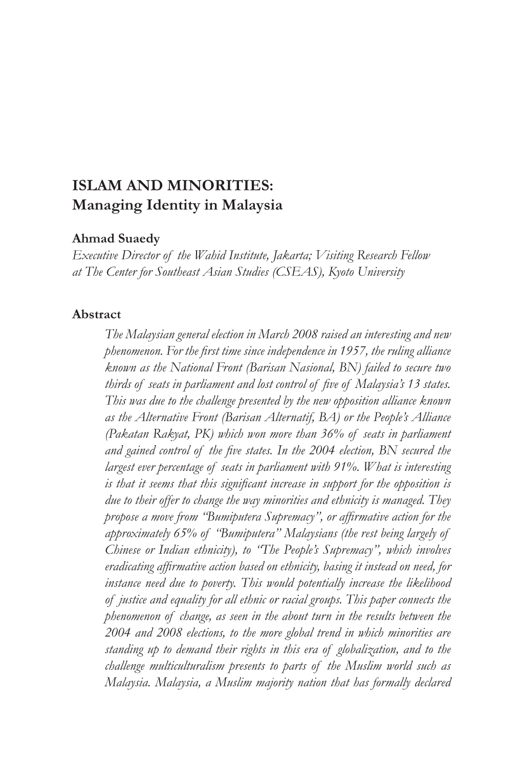 ISLAM and MINORITIES: Managing Identity in Malaysia