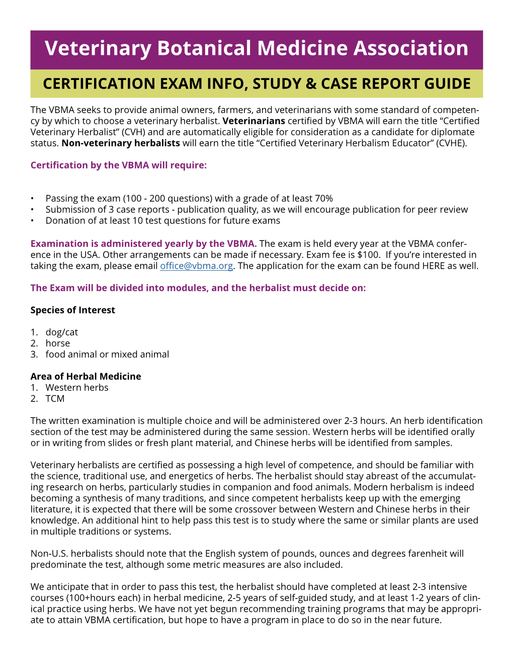 Veterinary Botanical Medicine Association CERTIFICATION EXAM INFO, STUDY & CASE REPORT GUIDE