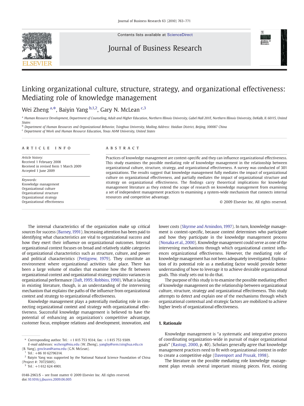 Linking Organizational Culture, Structure, Strategy, and Organizational Effectiveness: Mediating Role of Knowledge Management