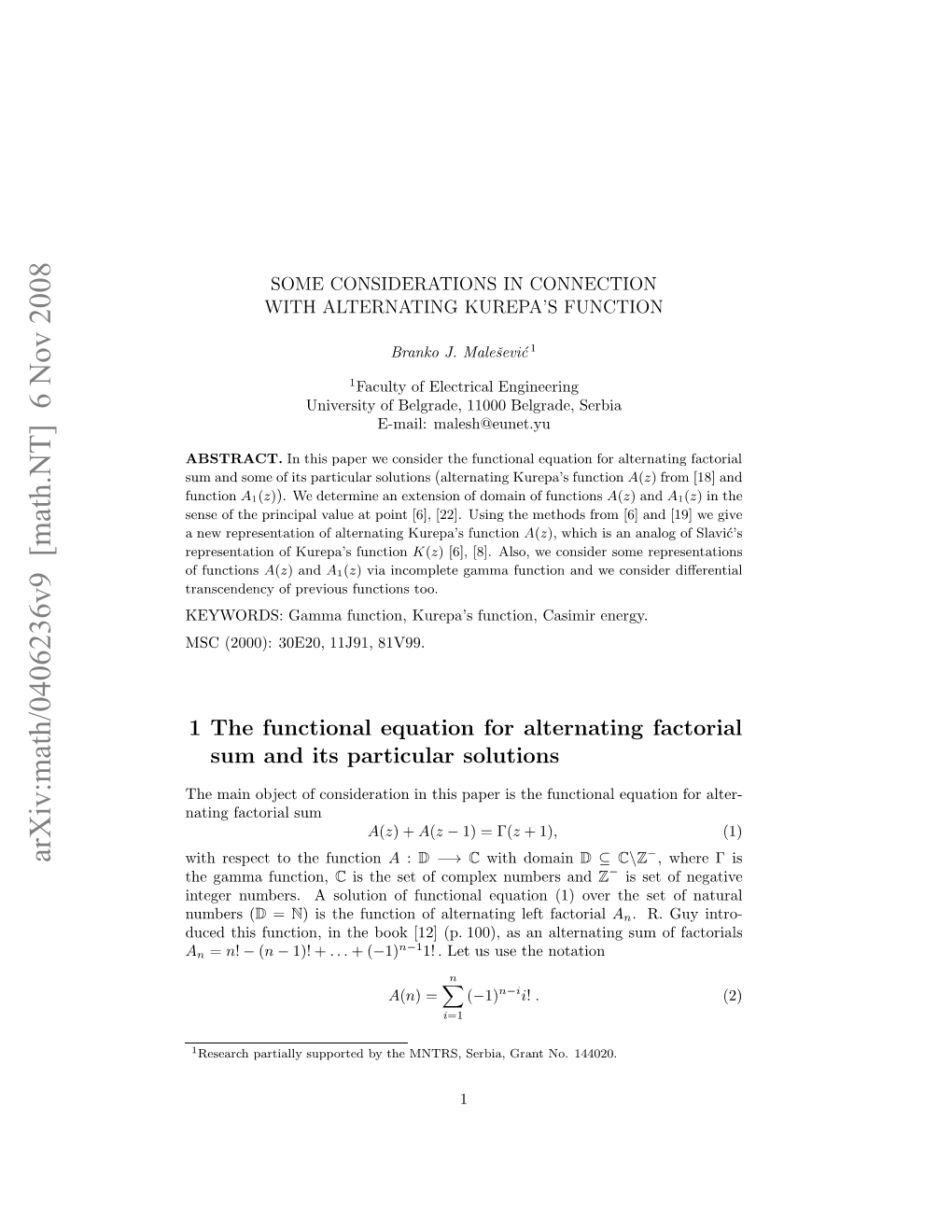 Arxiv:Math/0406236V9 [Math.NT] 6 Nov 2008 U N Oeo T Atclrsolutions Particular Its of Some and Sum Function ABSTRACT