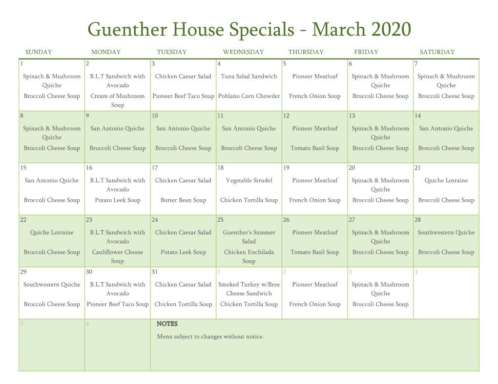 Guenther House Specials - March 2020