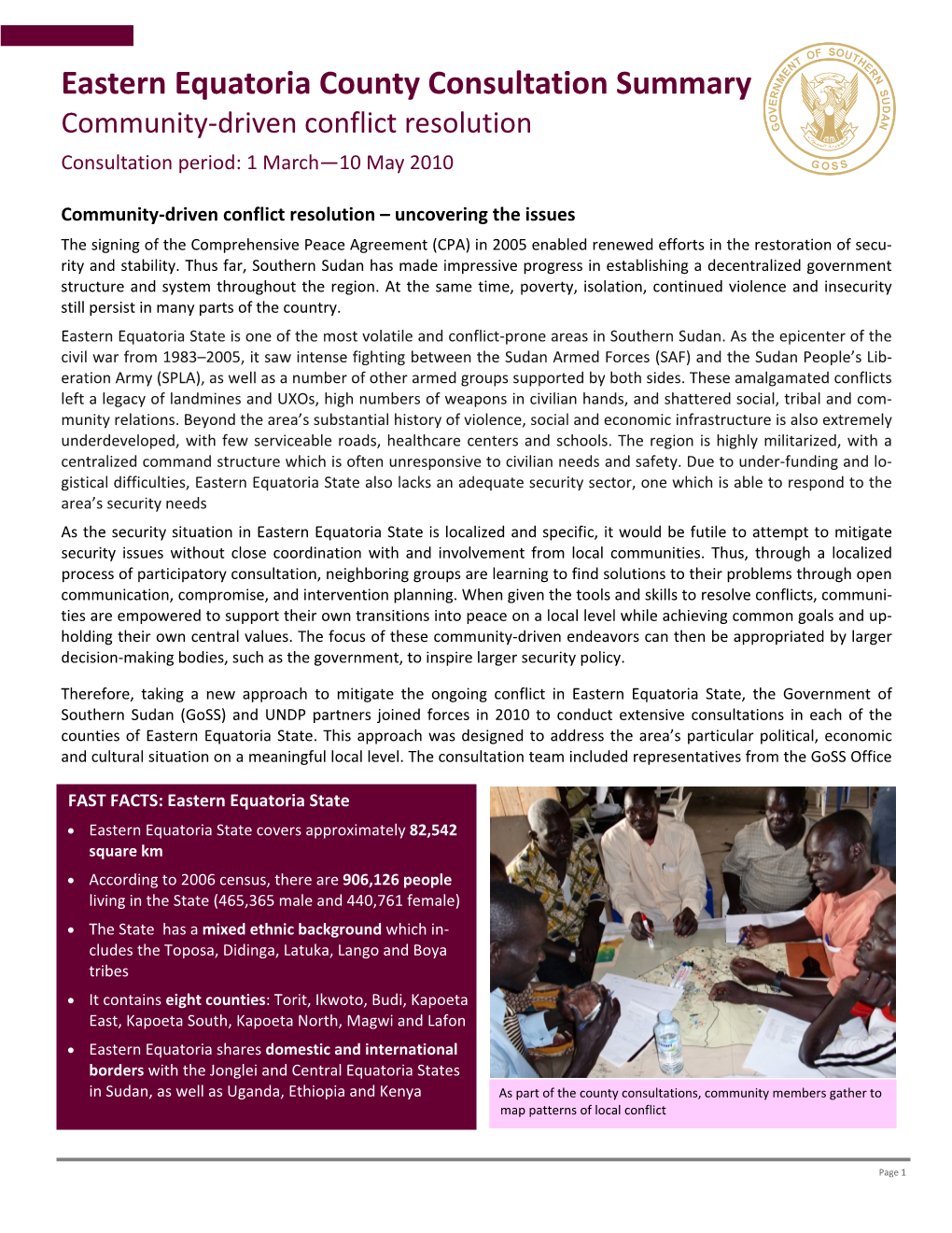 Eastern Equatoria County Consultation Summary Community‐Driven Conflict Resolution