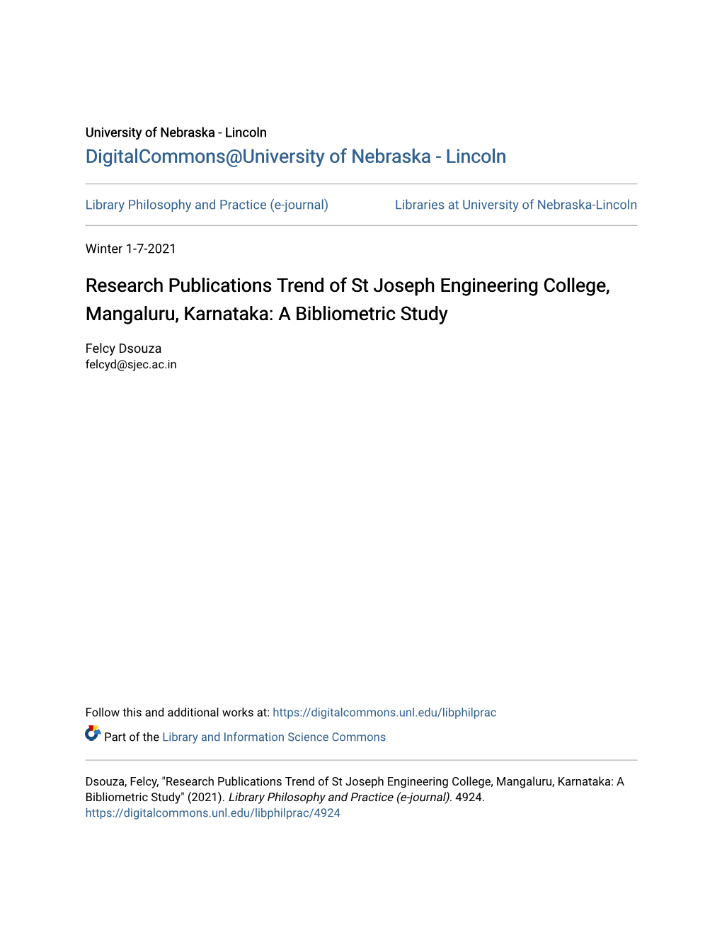 Research Publications Trend of St Joseph Engineering College, Mangaluru, Karnataka: a Bibliometric Study