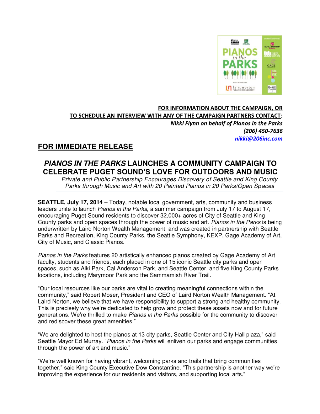 For Immediate Release Pianos in the Parks Launches A