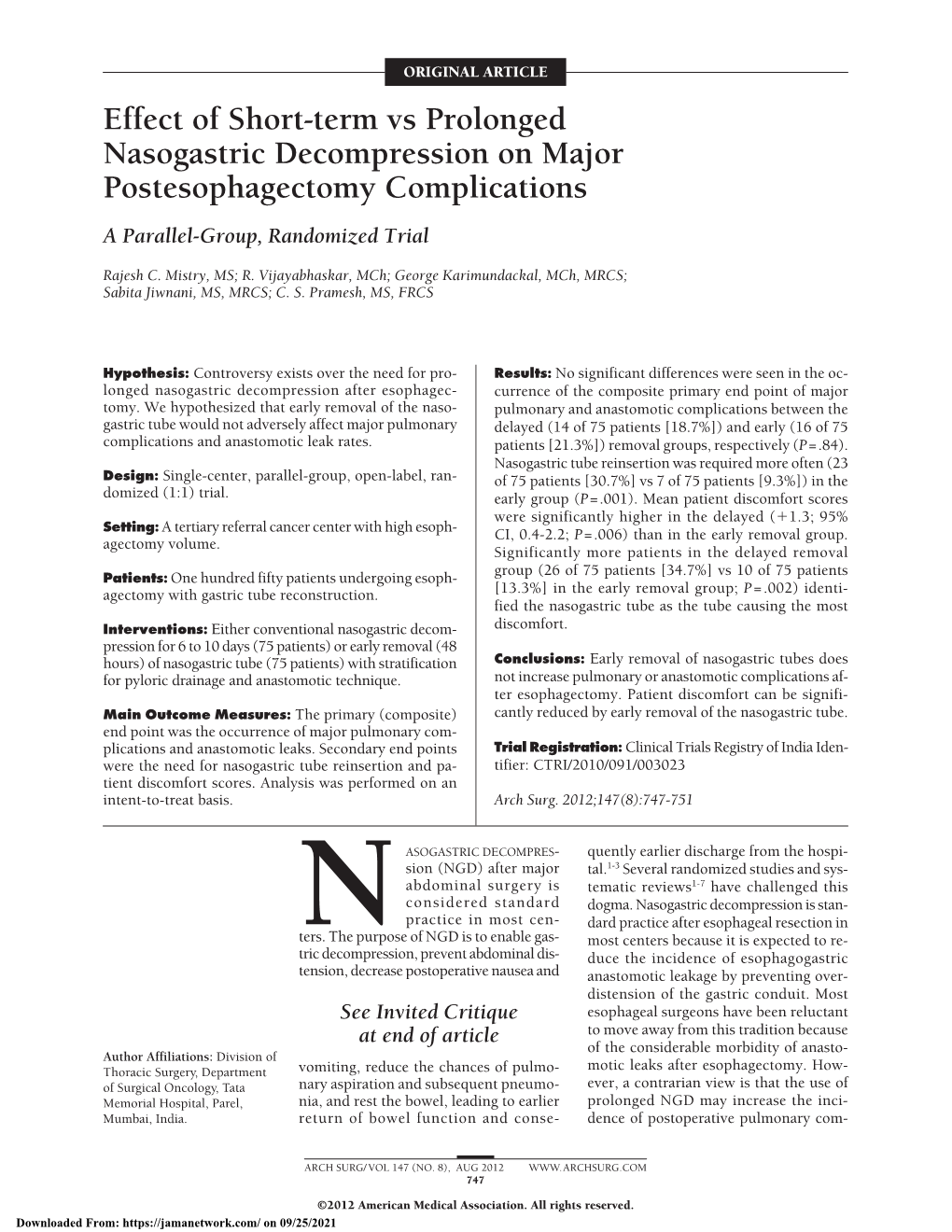 Effect of Short-Term Vs Prolonged Nasogastric Decompression on Major Postesophagectomy Complications a Parallel-Group, Randomized Trial