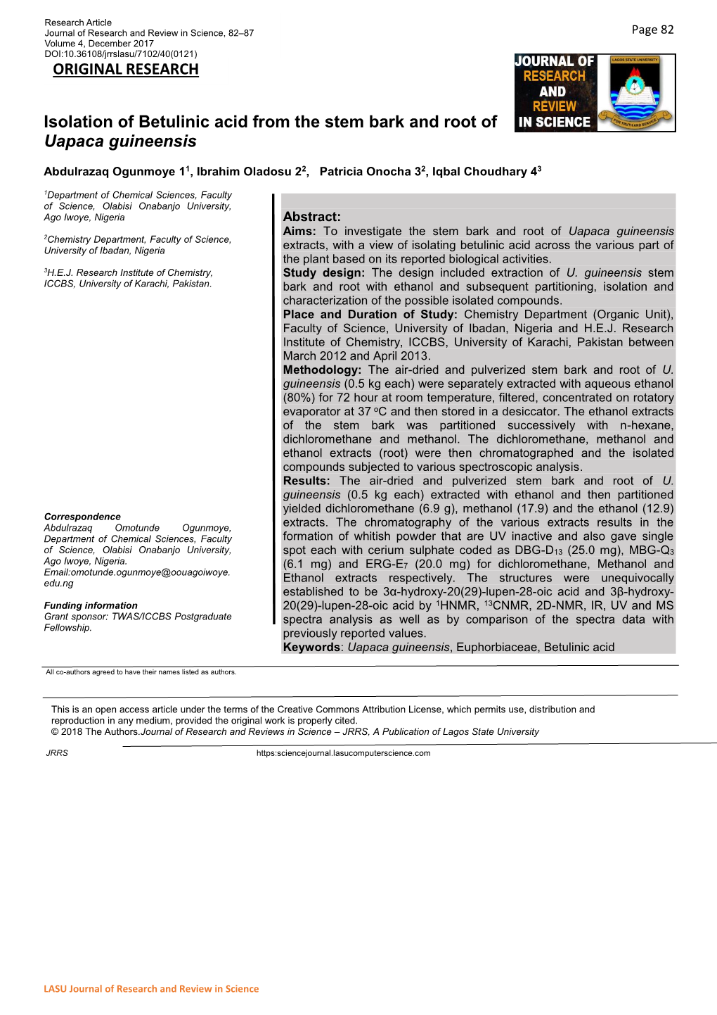 Isolation of Betulinic Acid from the Stem Bark and Root of Uapaca Guineensis ORIGINAL RESEARCH