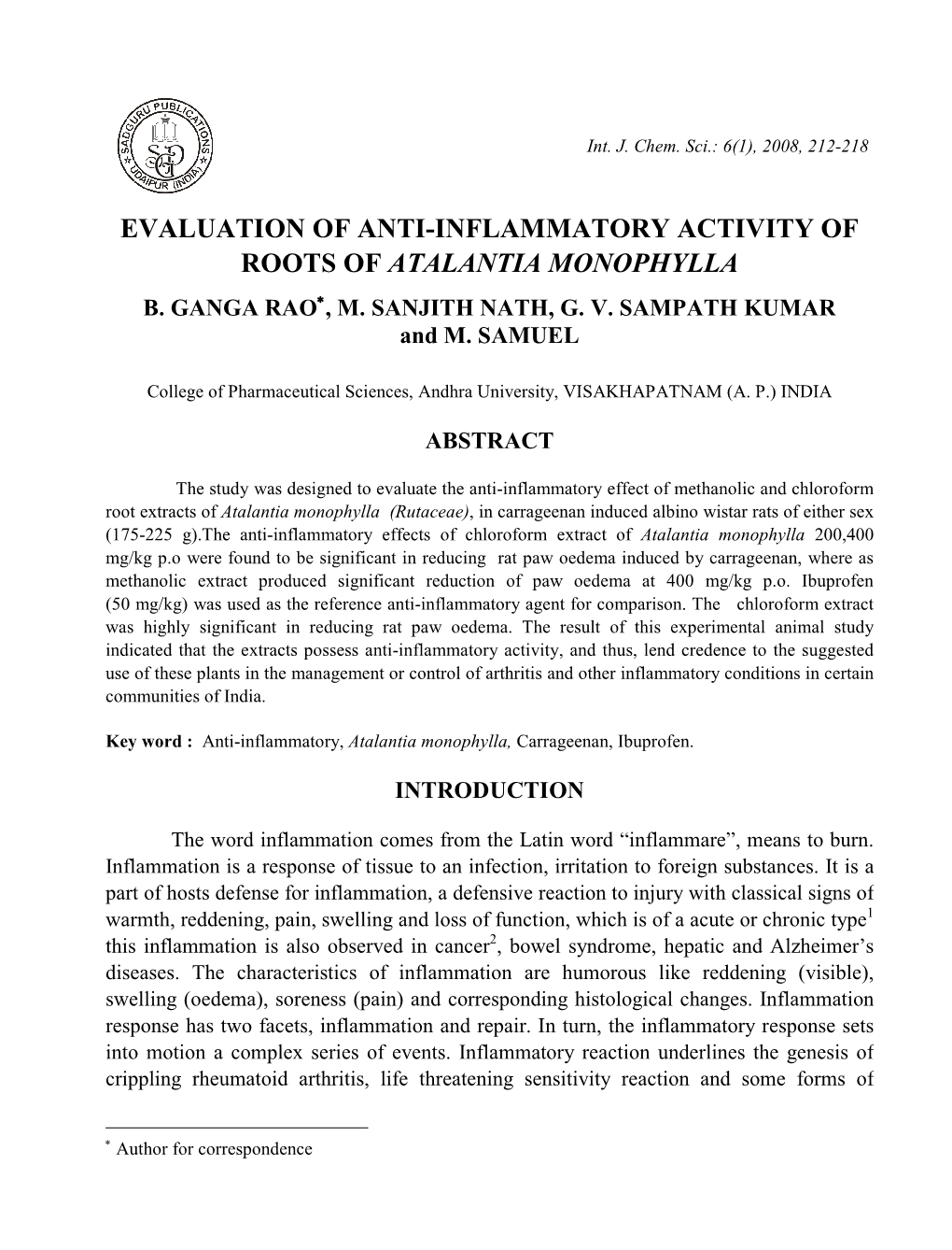 Evaluation of Anti-Inflammatory Activity of Roots of Atalantia Monophylla B