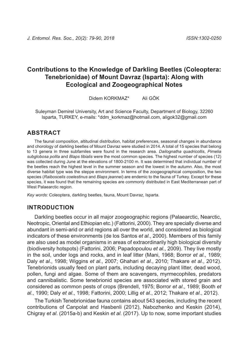 (Coleoptera: Tenebrionidae) of Mount Davraz (Isparta): Along with Ecological and Zoogeographical Notes