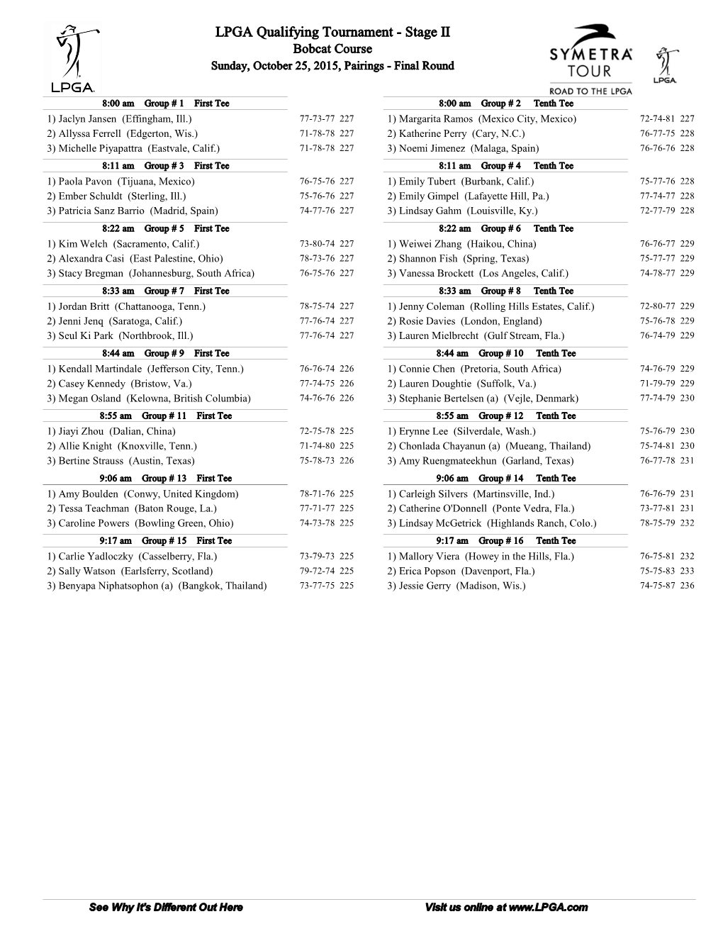 LPGA Qualifying Tournament - Stage II Bobcat Course Sunday, October 25, 2015, Pairings - Final Round