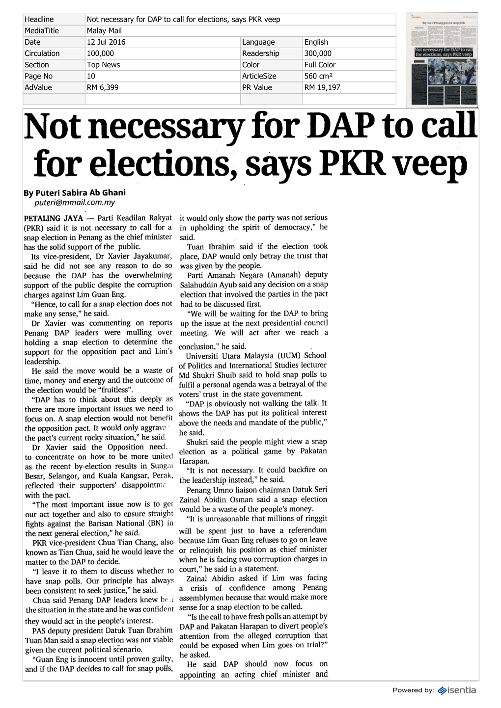 Not Necessary for DAP to Call for Elections, Says PKR Veep
