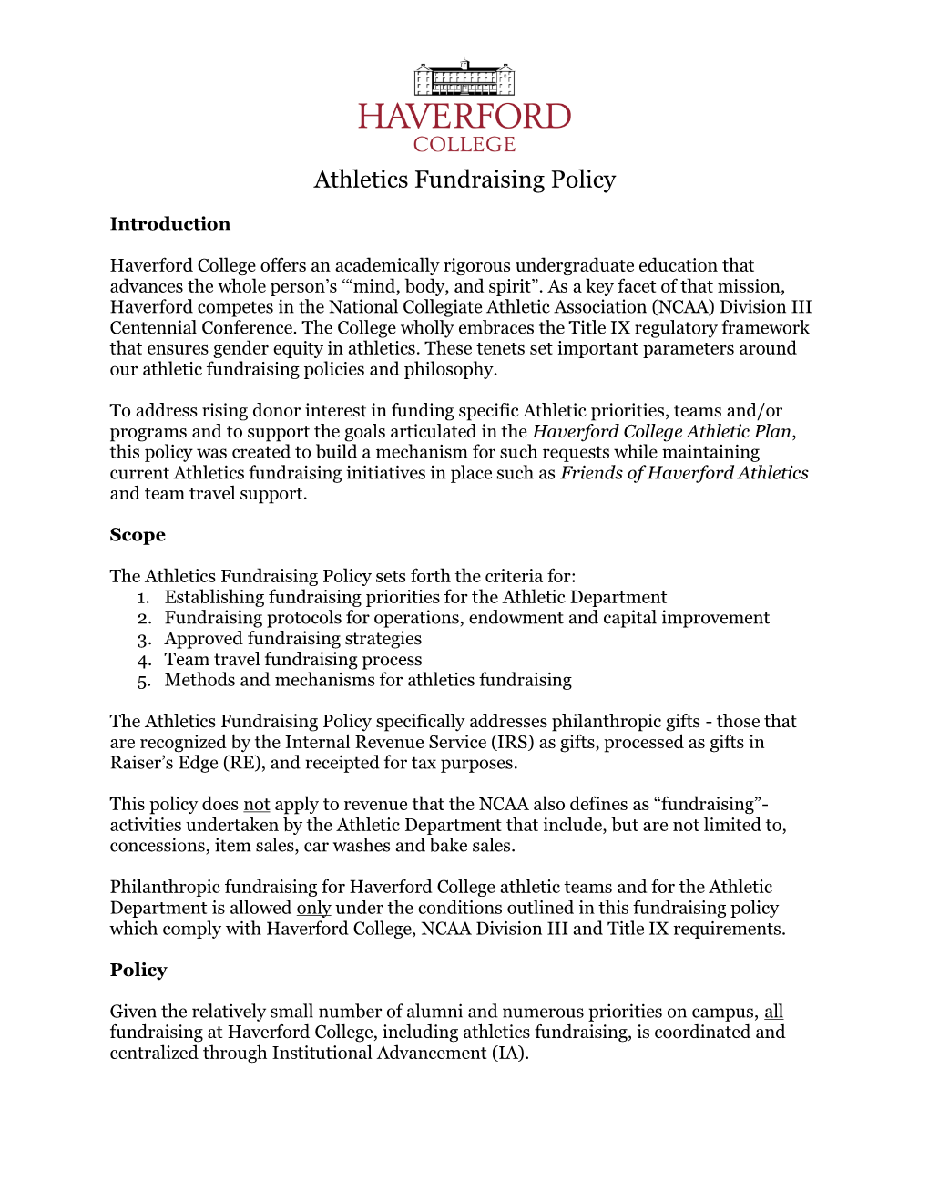 Athletics Fundraising Policy