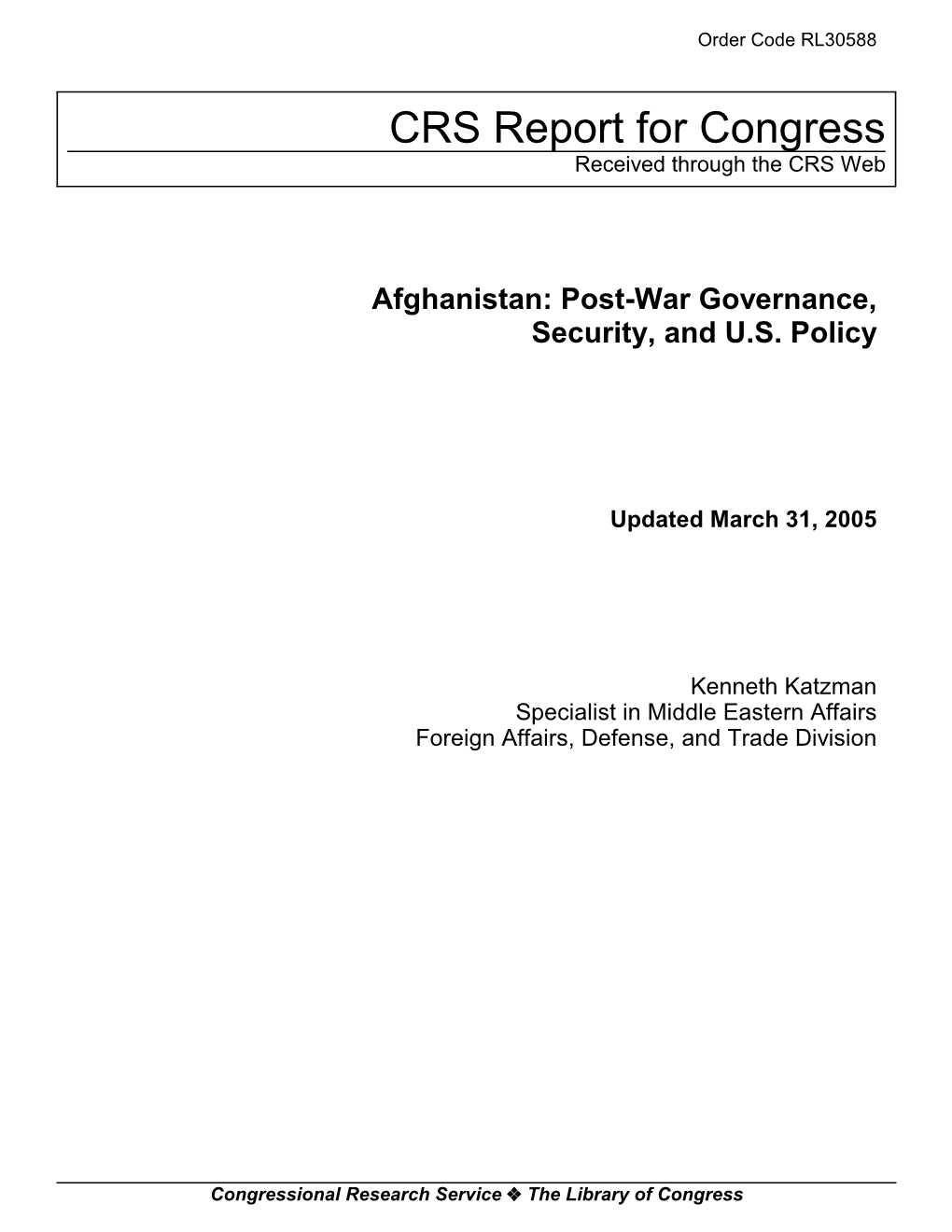 Afghanistan: Post-War Governance, Security, and U.S. Policy