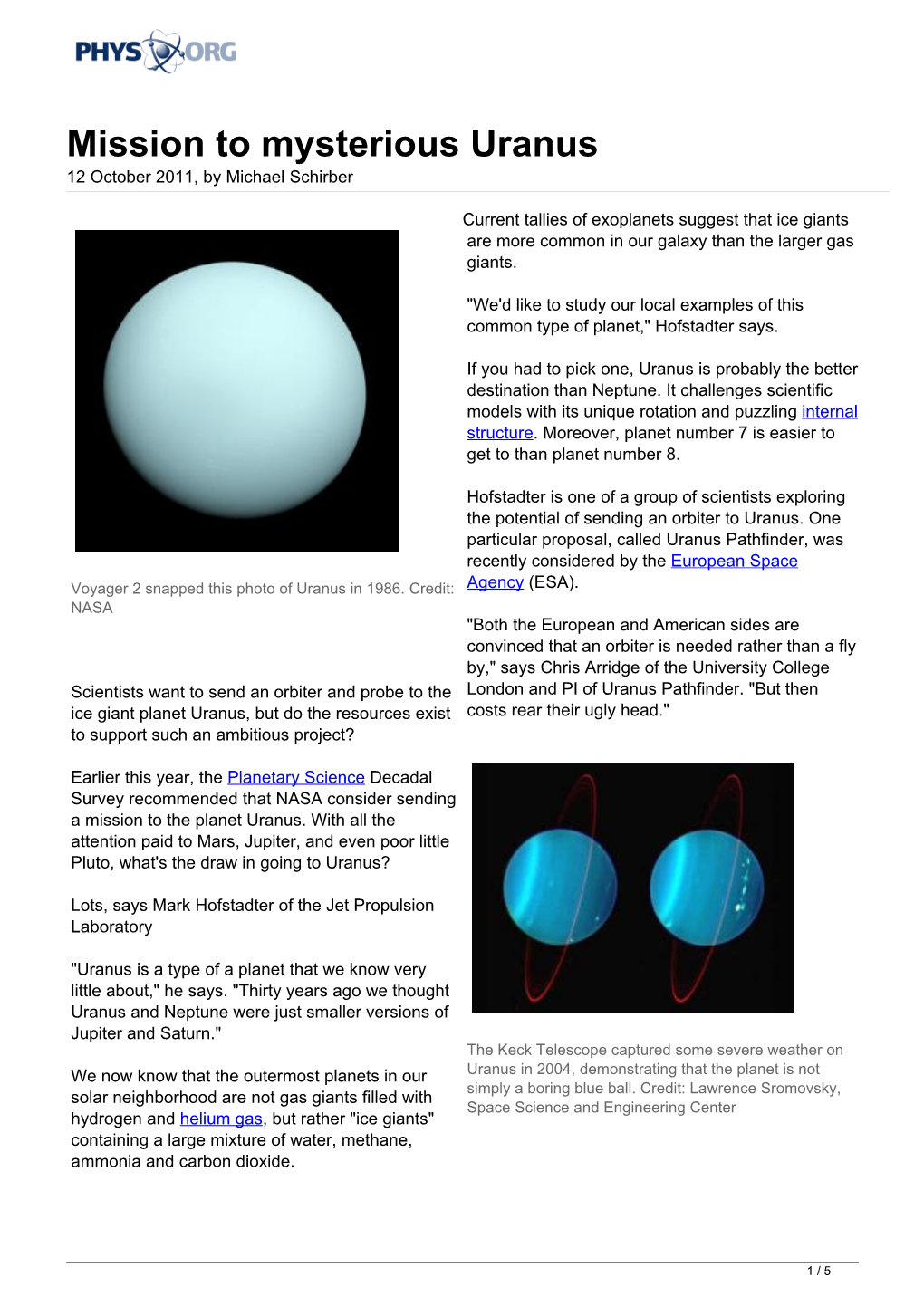 Mission to Mysterious Uranus 12 October 2011, by Michael Schirber