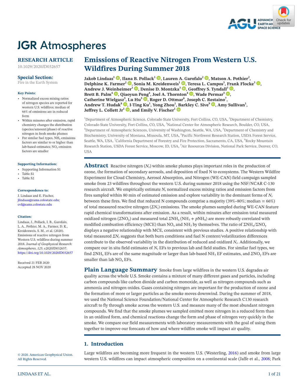 Emissions of Reactive Nitrogen from Western U.S. Wildfires During