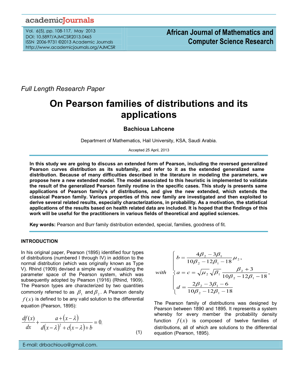 On Pearson Families of Distributions and Its Applications