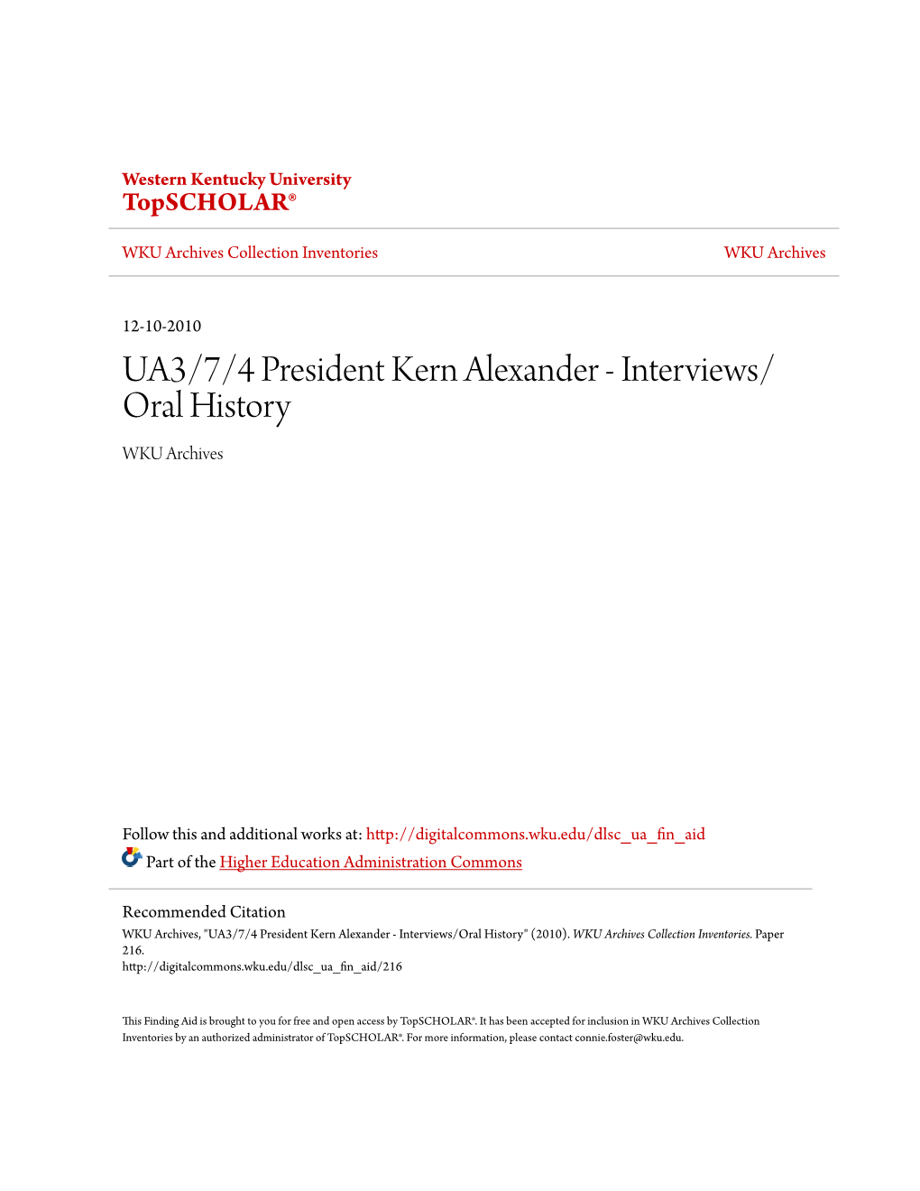UA3/7/4 President Kern Alexander - Interviews/ Oral History WKU Archives