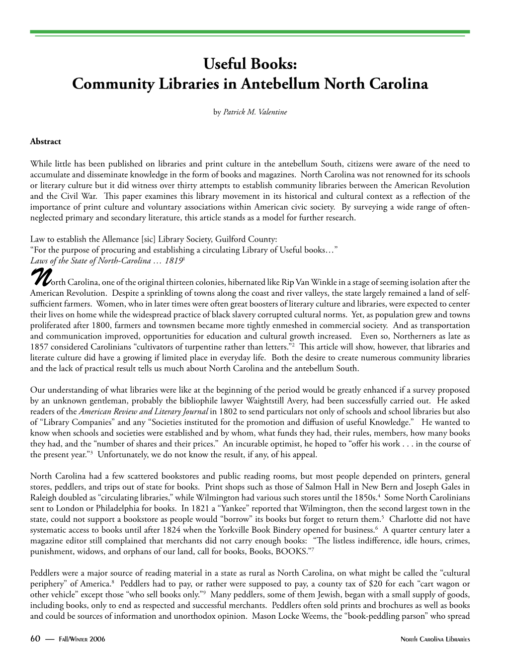 Useful Books: Community Libraries in Antebellum North Carolina