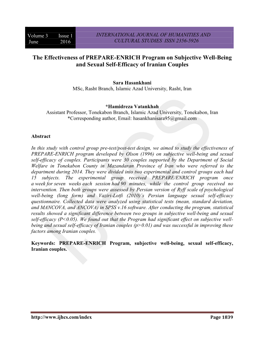 The Effectiveness of PREPARE-ENRICH Program on Subjective Well-Being and Sexual Self-Efficacy of Iranian Couples