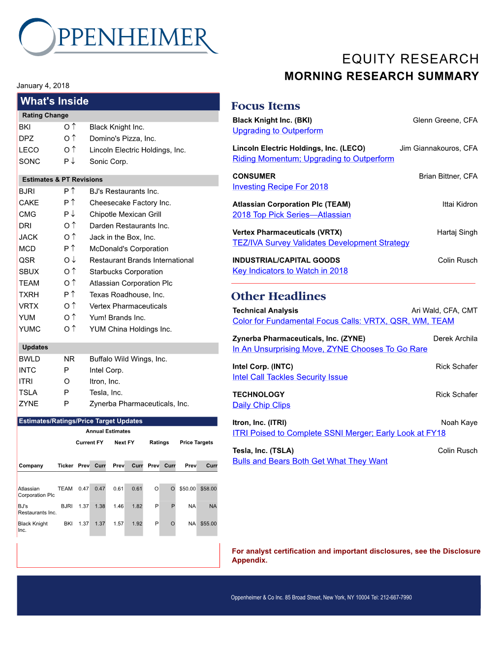 EQUITY RESEARCH MORNING RESEARCH SUMMARY January 4, 2018